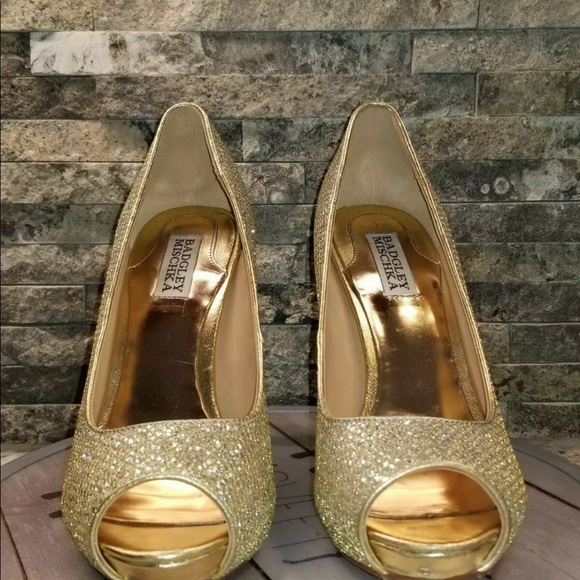Badgley Mischka sz 9 gold silver peep toe heels - Picture 4 of 5